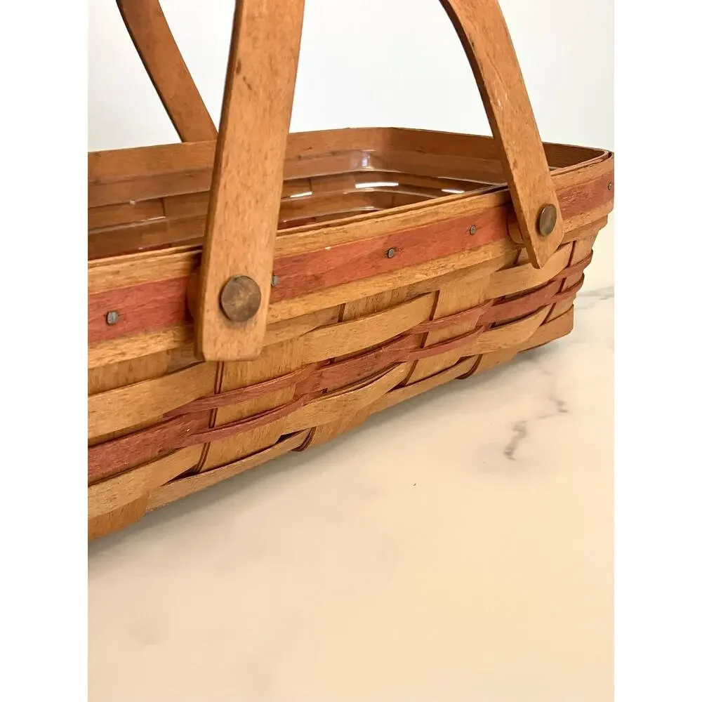 Longaberger Medium Gathering Basket Red Slat Double Swinging Handle & Liner 1991